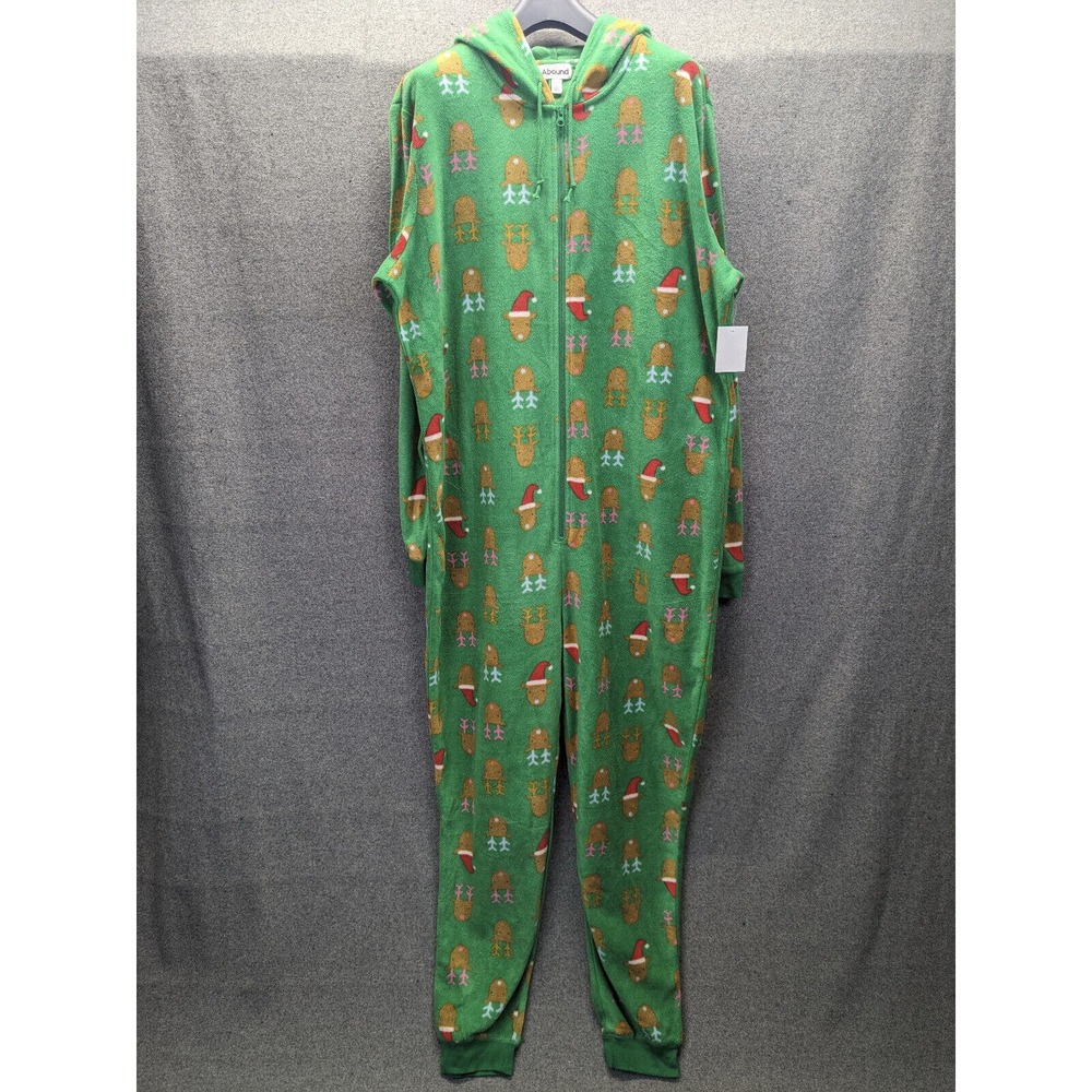 Abound Fleece Hooded Zip-Up One-Piece Women's Pajama Reindeer Holiday Print Soft